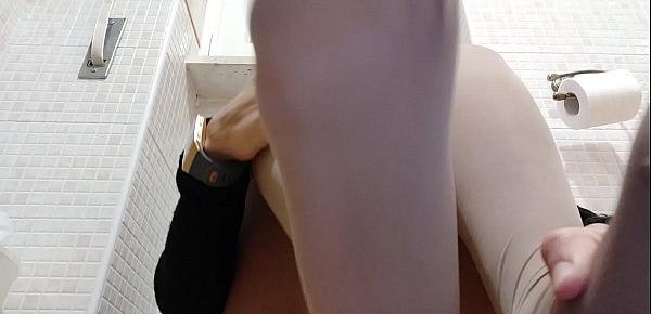  exhibitionist wife hides in the bathroom and films herself while playing in stockings